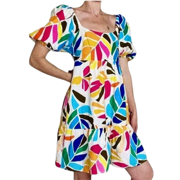 Tabitha Brown Linen Babydoll Tropical Mini Dress Pockets Size XXS - Picture 2 of 8